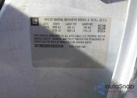 2017 Chevrolet Cruze Ls Manual from USA, damaged, VIN 3G1BB5SMXHS562548